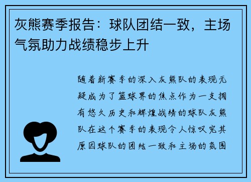 灰熊赛季报告：球队团结一致，主场气氛助力战绩稳步上升
