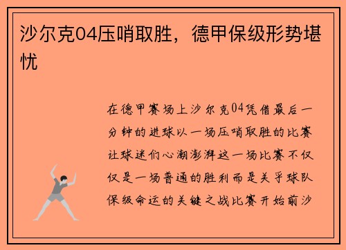 沙尔克04压哨取胜，德甲保级形势堪忧