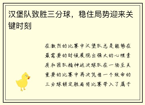汉堡队致胜三分球，稳住局势迎来关键时刻